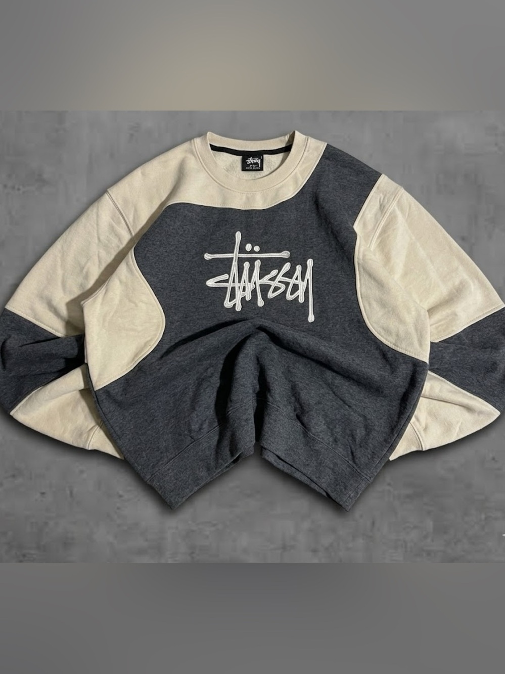 90s Vintage STUSSY Rework Crewneck Embroidered Sweater Off White Gray